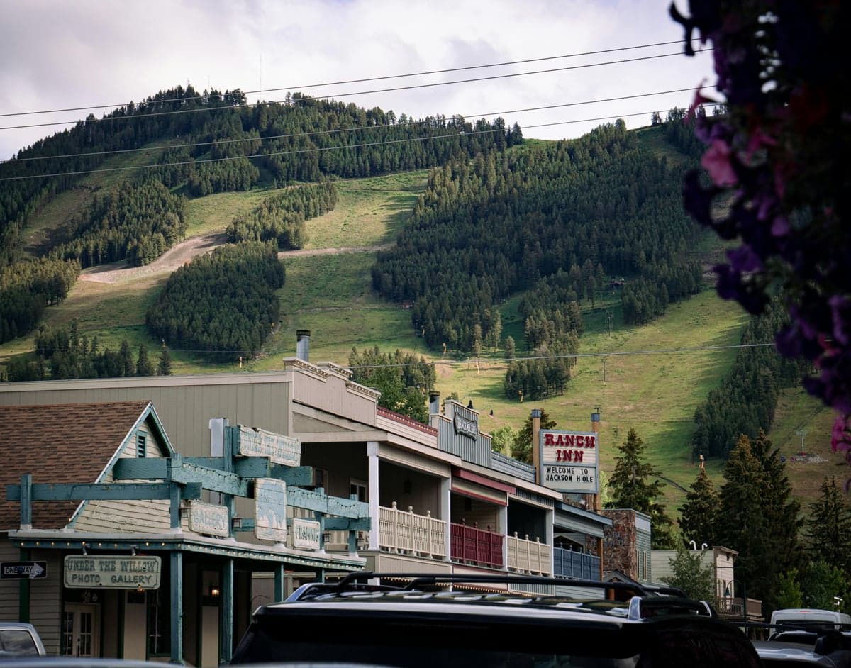 A mountain town main street near Idaho's fishing country, where fly shops and outfitters are never far away