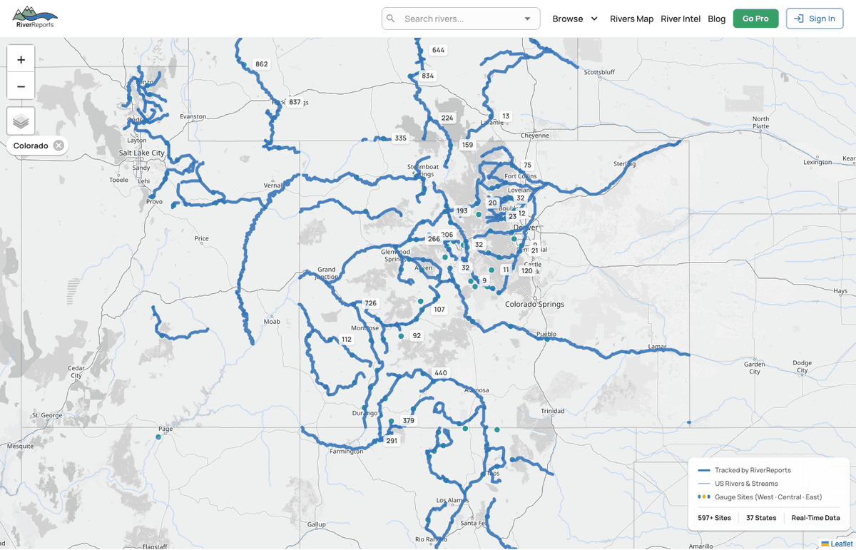 Colorado zoomed view showing 111 gauge sites with live CFS readings and river polylines