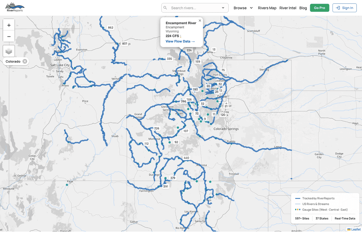 Clicking a gauge marker shows the site name, current CFS, flow trend, and a link to the full data page