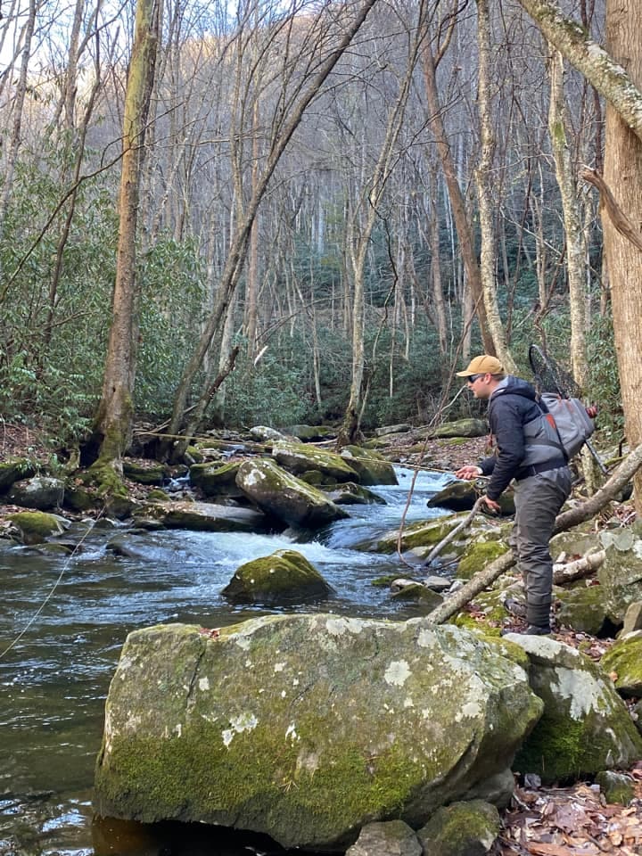 Angler fly fishing a mountain stream in Great Smoky Mountains National Park