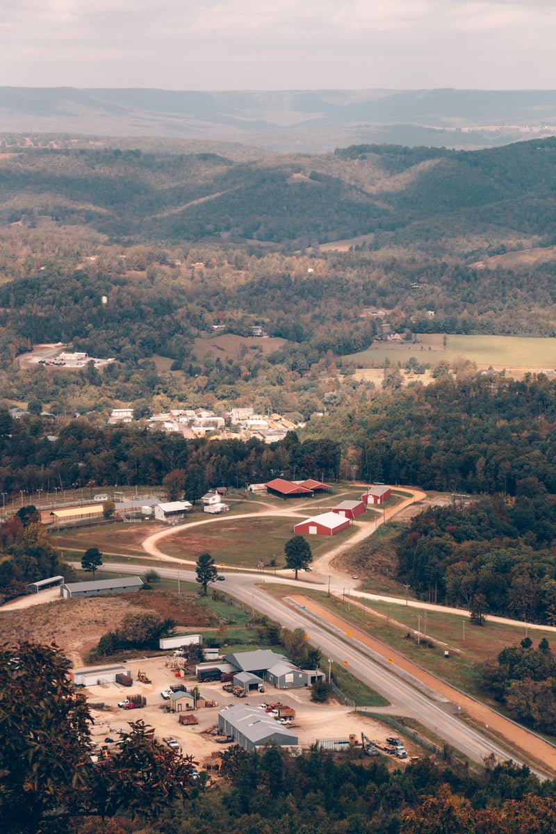 Aerial view of the Ozark hills and countryside in Arkansas during autumn